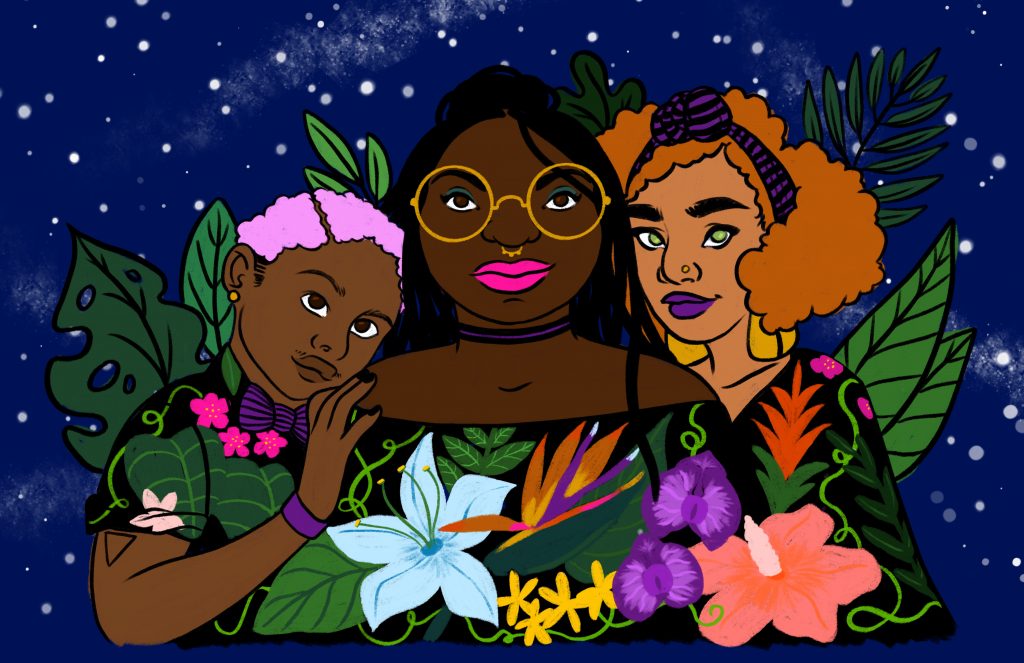 Image: A digital illustration by Teshika silver of three people of color. They all three wear plant-patterned clothing and have various plants surrounding them. Behind them is the night sky. Image courtesy of the artist.