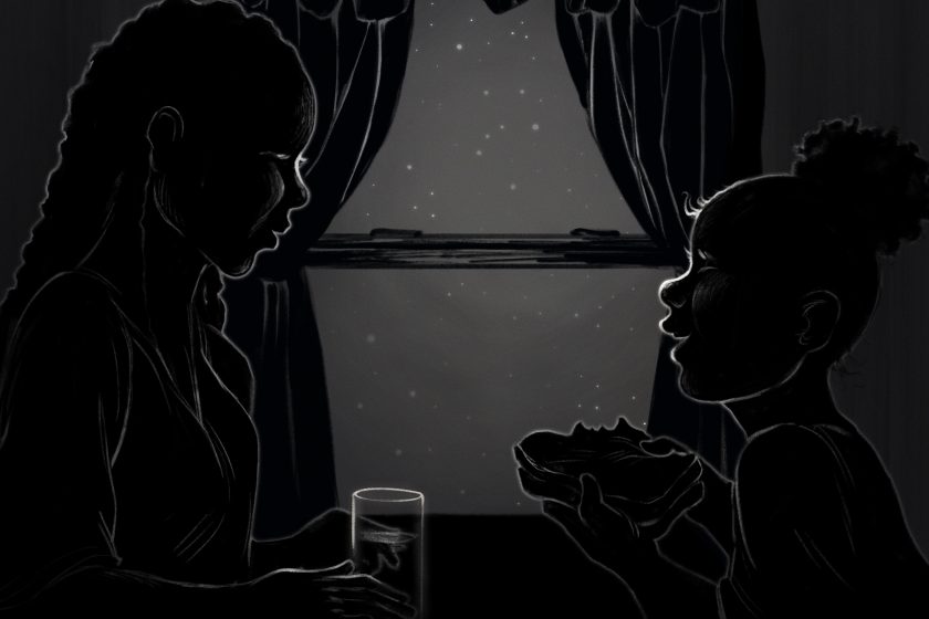 Featured Image: A black and white illustration of two people facing each other while seated at a table. In the background is a window with the curtains tied back, revealing shining stars in the sky. The person on the left with hair pulled back into one long french braid holds onto a glass that is half full of liquid. The person on the right is younger and holds a sandwich with a piece bitten out. They are looking at each other, smiling.Illustration by Aspen Kowsky
