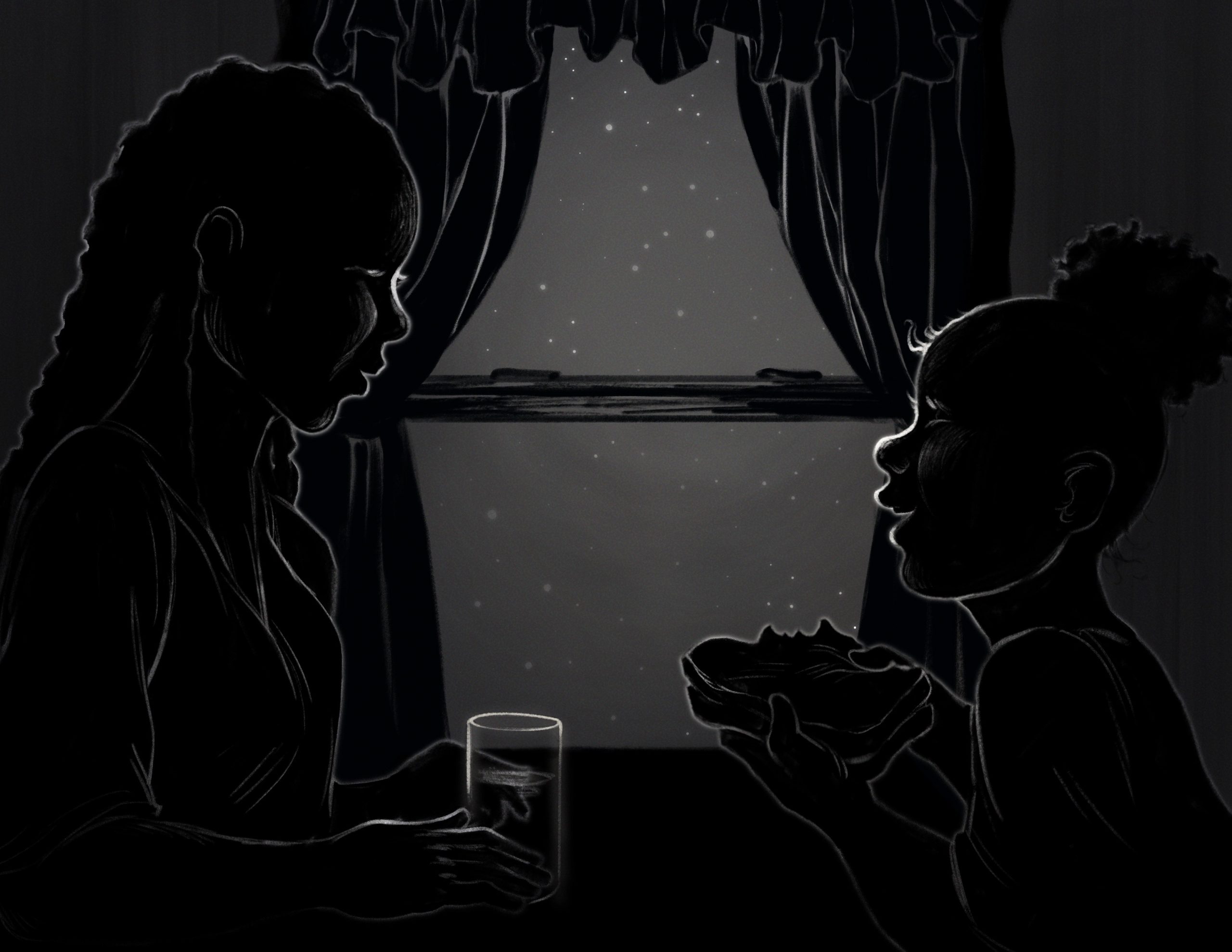 Featured Image: A black and white illustration of two people facing each other while seated at a table. In the background is a window with the curtains tied back, revealing shining stars in the sky. The person on the left with hair pulled back into one long french braid holds onto a glass that is half full of liquid. The person on the right is younger and holds a sandwich with a piece bitten out. They are looking at each other, smiling.Illustration by Aspen Kowsky