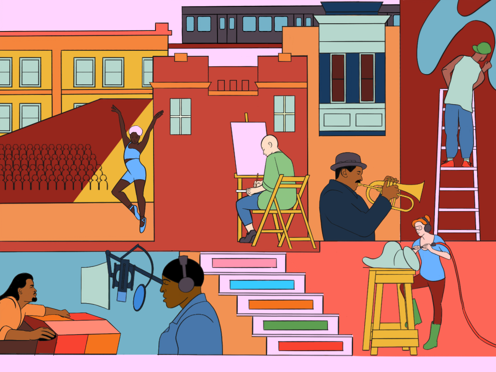 A colorful multi-paneled illustration shows a myriad of artists including performers, musicians, and visual artists working in various types of spaces in an urban setting. Illustration by Kiki Lechuga-Dupont.