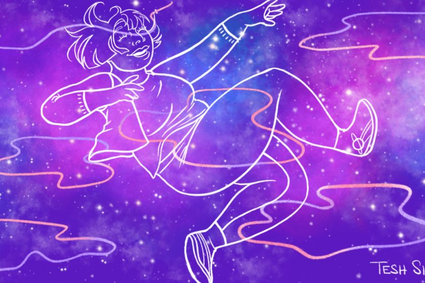 Image: I digital illustration of a purple night sky. Stars form a constellation of a person. Image by Teshika Silver.