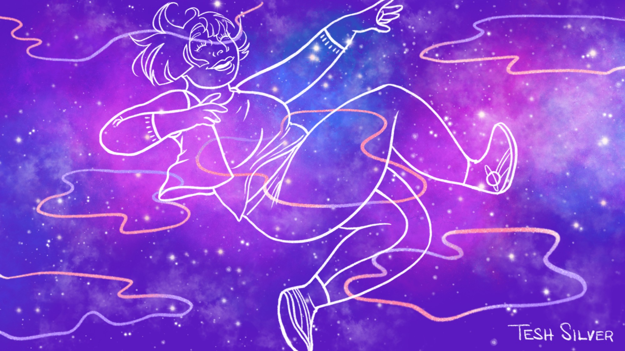 Image: I digital illustration of a purple night sky. Stars form a constellation of a person. Image by Teshika Silver.