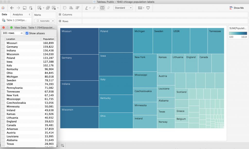 Image: A screen shot of Tableau Public (a fairly user-friendly software) data visualization of immigrants’ nationalities from the 1940s. The left side lists rows of places of origin, while the right side shows a visualization with the locations shaded in different blue hues and various-sized boxes corresponding with the population scale. It’s most remarkable, though unsurprising perhaps, that the largest numbers of people came to Illinois from Missouri and Germany in that decade. Image courtesy of the artist.