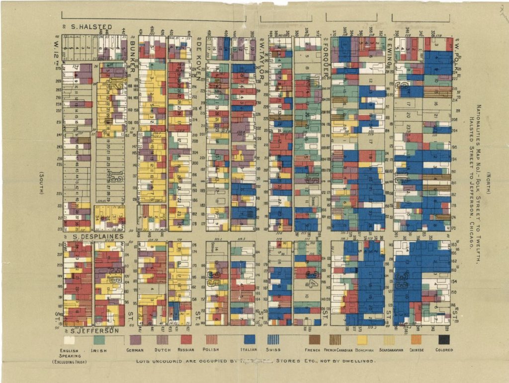 Image: A map of the South Side of Chicago, with differently-shaded areas to indicate population demographics. The caption reads, “Nationalities Map No. 1 - Polk Street to Twelfth, Halsted Street to Jefferson, Chicago,” The archive entry reads: Hull House Map (Nationalities), 1895. b: Hull House Map (Wages), 1895. Image sourced from Hull House Maps & Papers.