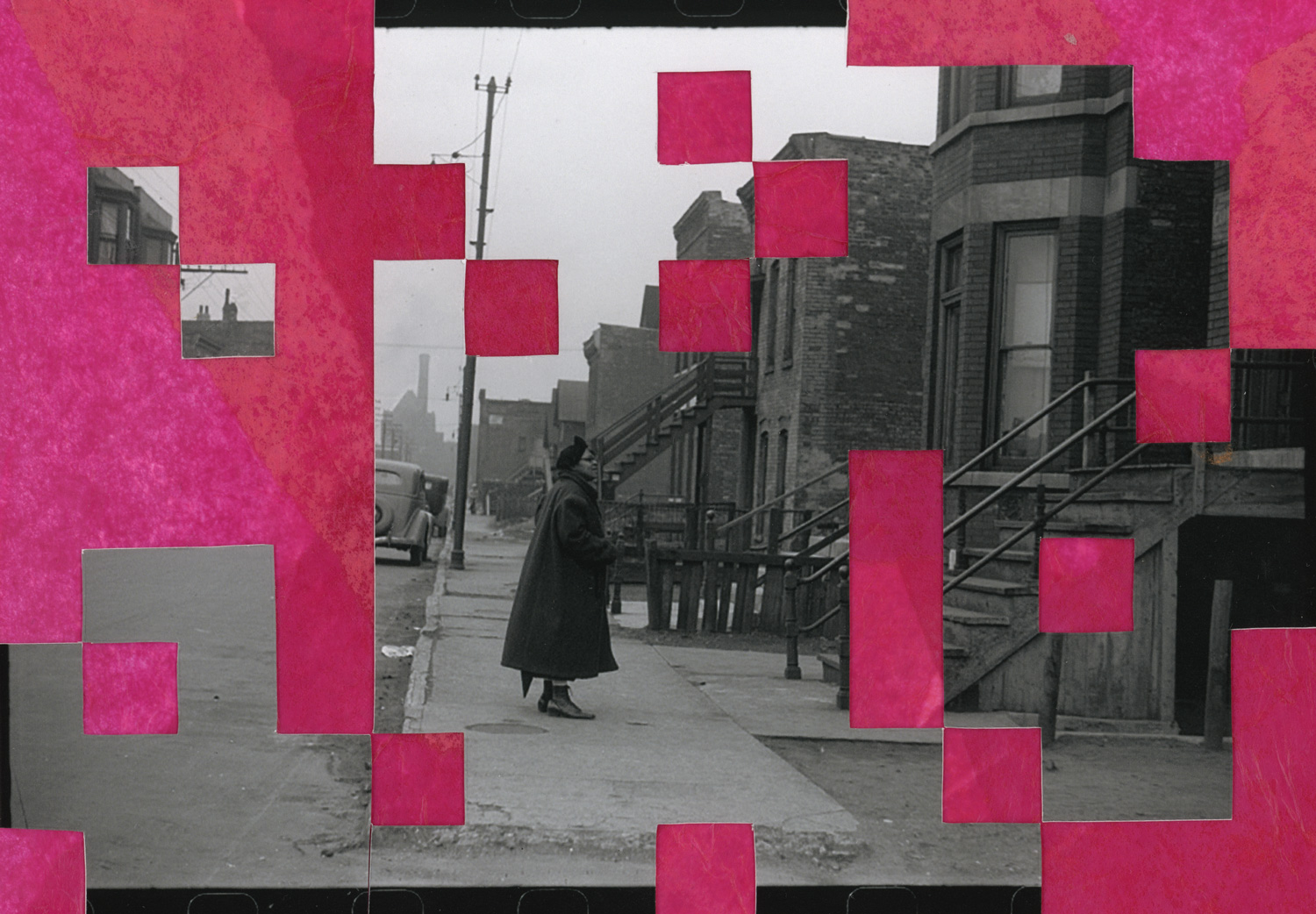 A collaged photograph of a Black woman on the sidewalk in Chicago, 1941.