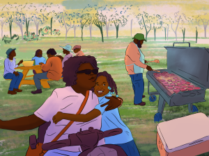 Featured image: Digital illustration of Black folks and family at a cookout. A child smiles while hugging a woman in the foreground. Image by Kiki Lechuga-Dupont.