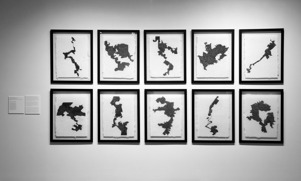 Image: jina valentine, Literacy Test: Rorschach, 2016. A series of 35 drawings of the country’s most heavily gerrymandered congressional districts, drawn in iron gall ink on handmade paper. As it ages, the ink rusts and corrodes, and destroys the paper. Image courtesy of the artist.