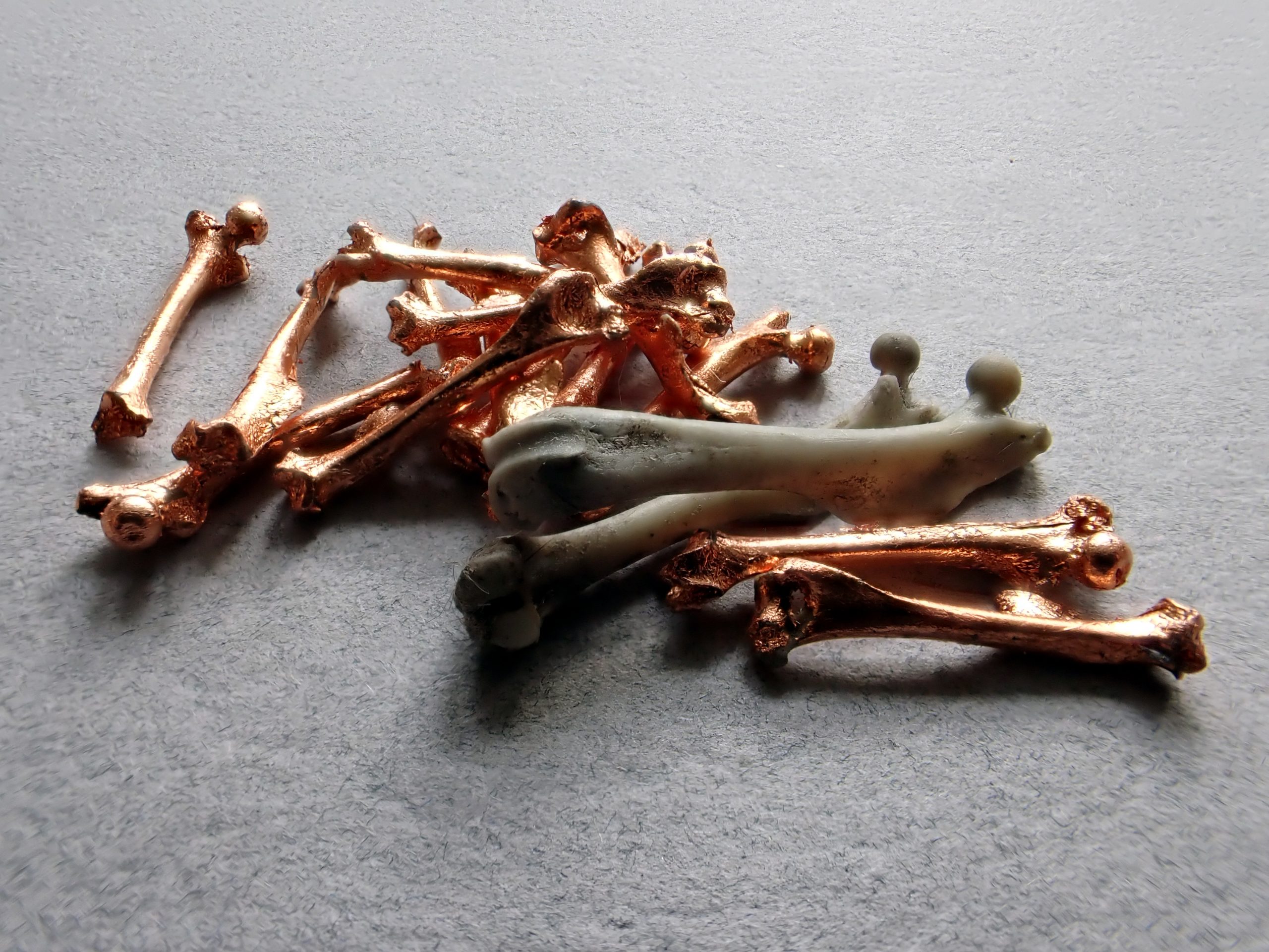 Image: Rebecca Beachy, Mice Bones, 2022. Image centers a pile of mice bones the artist gilds with copper and various metals. Image courtesy of the curator and artist.