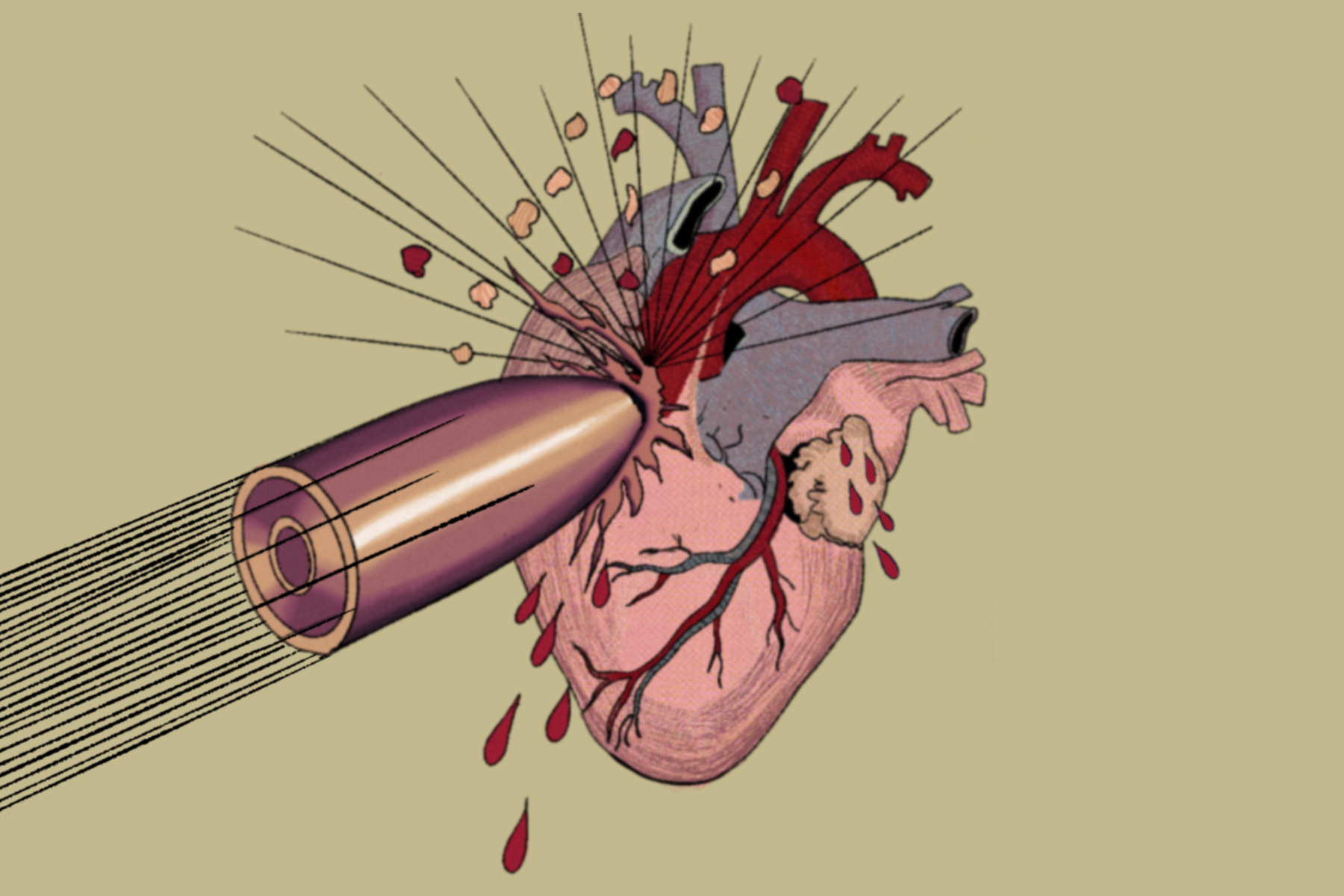 Featured image: On a tan backdrop, a bullet pierces a heart, drops of blood falling and action lines radiate out from the point of impact. Illustration by Sammi Crowley.