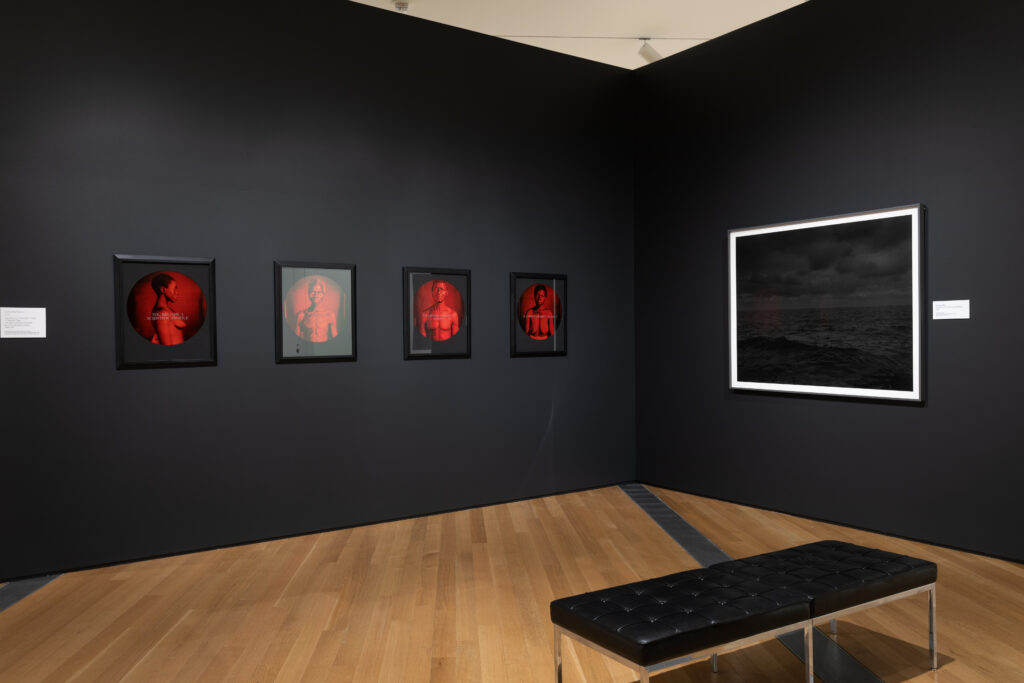 Image: Installation view of Dawoud Bey & Carrie Mae Weems: In Dialogue at the Grand Rapids Art Museum. The image shows two black walls, one showcasing four photographs from Carrie Mae Weems' series From Here I Saw What Happened and I Cried, and the other showcasing a photograph from Dawoud Bey's series Night Coming Tenderly, Black. Courtesy of the museum.