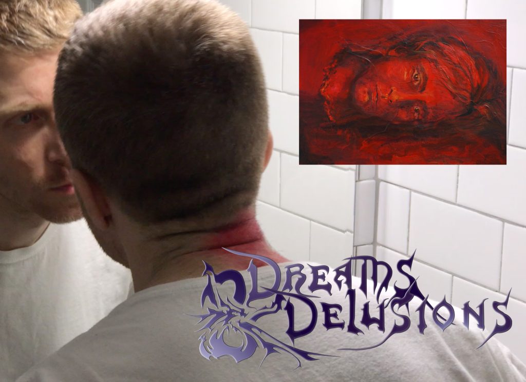 Image: A still from Ala-Ketola's Dreams and Delusions, 2022, video. Image depicts a blonde, white man facing himself close to the mirror interrogatively. A red and black painted self-portrait of himself is in the righthand corner overlaid in the still of the movie digitally. The title of the film is behind the man in purple expressive lettering. The man has a patch of red on his neck. The bathroom walls consist of white tiles. Image courtesy of the artist.
