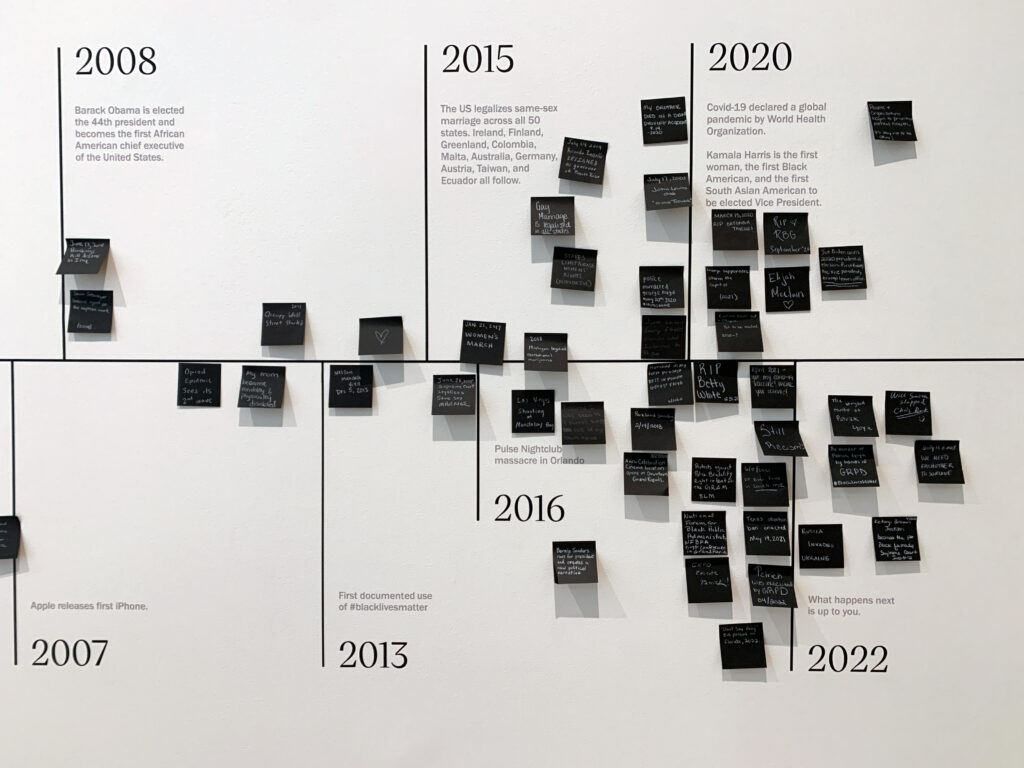 Image: Installation view of Dawoud Bey & Carrie Mae Weems: In Dialogue at the Grand Rapids Art Museum. The image shows a close up of the second timeline in the exhibition that is intended for community participation. Many black sticky notes are stuck to several dates on the timeline. Courtesy of the museum.