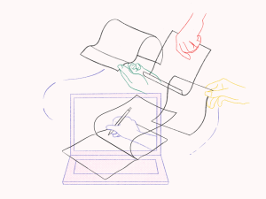 Featured Image: Outline of four hands writing, holding, and trading paper overlaid on an outline of a laptop computer. Illustration by Kiki Lechuga-Dupont.