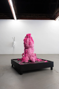 A pink sculpture with a texture resembling bubble gum with loops with which pink rope is tired around in an intentionally messy way sits on top on a flat black pedestal. In the back of the photo hangs another sculpture which resembles a hanging towel or the head of an antelope.