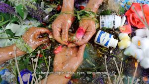 Featured image: Adham Faramawy, Skin Flick (still), video, 13:30 minutes. Courtesy of the artist. Four hands touch and caress pink flower petals. The hands appear to be wet and have a mixture of plant parts, liquid, and pill bottles around them. Text at the bottom of the composition reads, "You have multiple lips, eyes, tongues and hair".