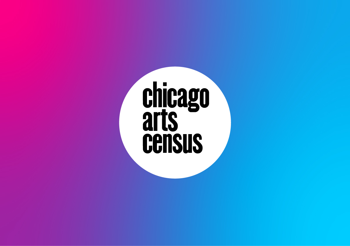 The words "Chicago Arts Census" are in a black font in the middle of a white circle. The background is a pink, purple, and blue gradient.
