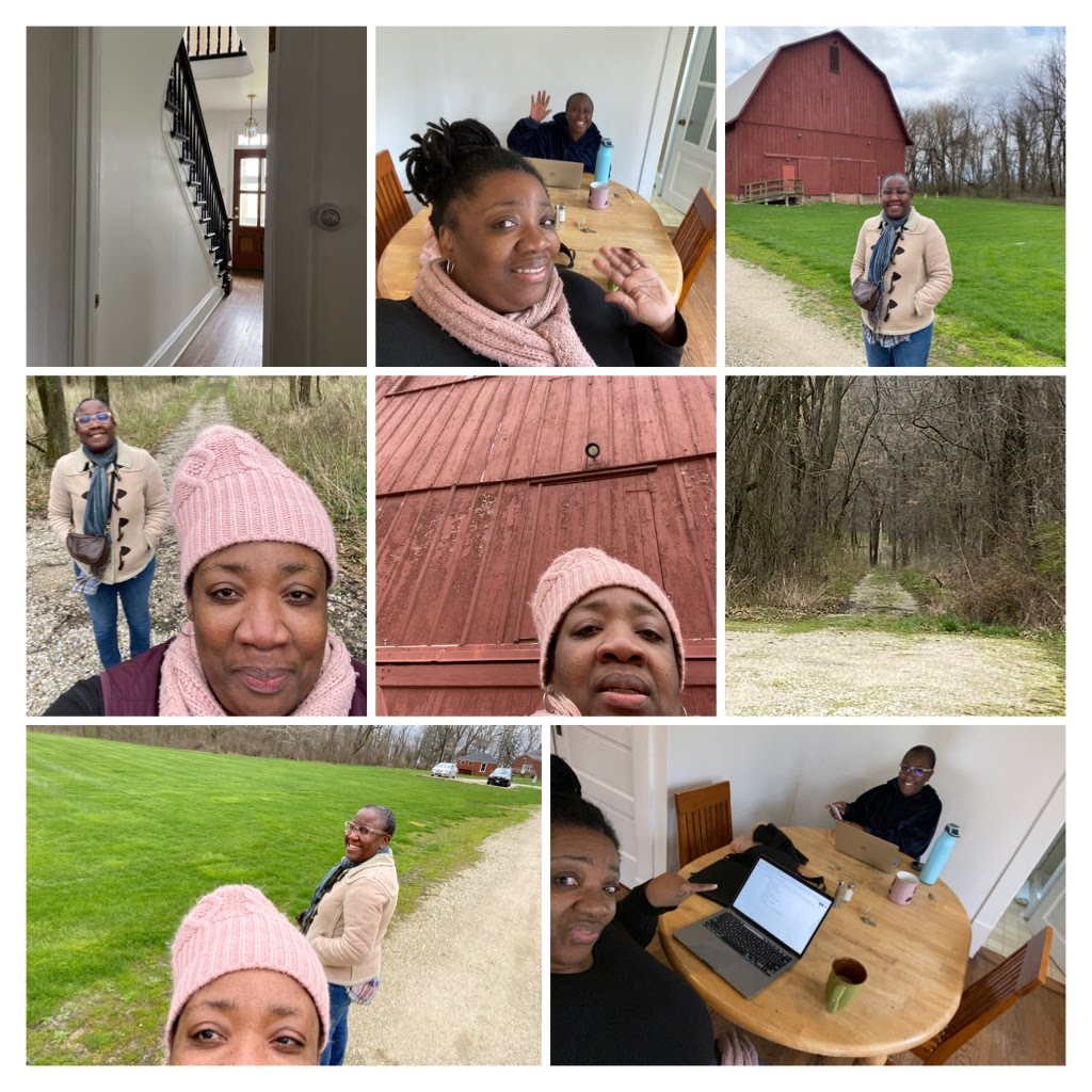 Image: A photo collage of eight photos. On the top two rows there are three photos; there are two photos on the bottom row. On the top row, left to right: A photo of the back of the staircase in the residency house. The walls are white and the stair railing is dark wood. Nicole Anderson-Cobb and Latrelle Bright sit at a light wood colored dining table, each in front of their laptops. Anderson-Cobb is wearing a pink scarf and black top, and Bright is wearing a black top. Both wave toward the camera. A photo of Latrelle Bright in front of the Allerton Barn. She wears a khaki colored medium-weight jacket, a blue scarf, and a cross-body purse. On the center row, left to right: Anderson-Cobb and Bright on a trail at Allerton Park. Anderson-Cobb wears a pink hat and scarf and is posed toward the front of the frame, taking a selfie of them. Bright stands behind her wearing a khaki colored medium-weight jacket, a blue scarf, and a cross-body purse and blue jeans. They both offer small smiles. A selfie of Anderson-Cobb in a pink hat in front of the Allerton Barn, a big, red, wooden barn. A photo of a trail at Allerton Park. The trail is mostly worn and the trees are still in hibernation from winter. Bottom row, left to right: Anderson-Cobb and Bright on a path between the Allerton Barn and the residency house at Allerton Park. Anderson-Cobb wears a pink hat and scarf and is posed toward the front of the frame, taking a selfie of them. Her face is cut off by the angle. Bright stands behind her wearing a khaki colored medium-weight jacket, a blue scarf, and a cross-body purse and blue jeans. Her body is turned slightly away from the camera, and she is smiling. Nicole Anderson-Cobb and Latrelle Bright sit at a light colored wood dining table, each in front of their laptops, working. They both wear black tops, and look toward the camera, making somewhat silly smiles. On the table are two laptops and two coffee mugs, and a reusable water bottle.  