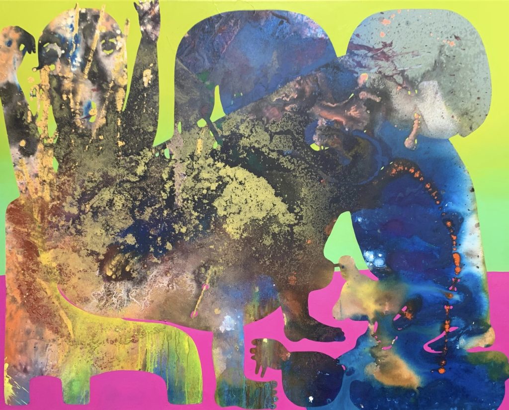 Image: Vian Sora, Rhapsody, 2022, mixed media (acrylic, pigments, finished with oil on canvas), 48″ x 60″. An abstract painting that is largely yellow, dark blue, and brown on a neon pink and green background. Courtesy of the artist.
