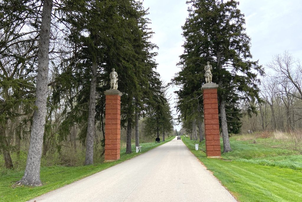 Image: A photo of the South entrance to Allerton Park. A concrete road extends into the middle of the photo, flanked by green grass and tall pine trees. There are two brick pillars marking the entrance, with two sculptures of humans atop the pillars. The concrete sculptures are 5 foot tall and are of Diana, goddess of the hunt, and her male companion, Ephebe. Each sculpture has a dog at its feet. Photo by Jessica Hammie. 