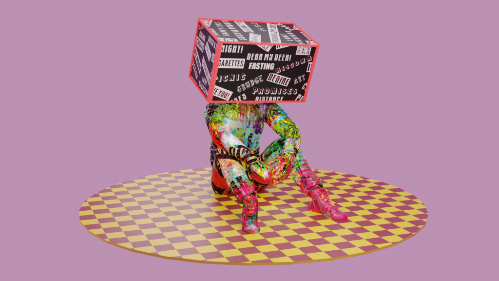 Image: Amay Kataria, Thought Box, 2021, CGI. A computer-generated figure with colorful skin and a box head covered with key words such as "toxic," "peace," and "Hyde Park" appears to sit on a yellow and mauve checkered floor, against a monochromatic violet background. Image courtesy of the artist.