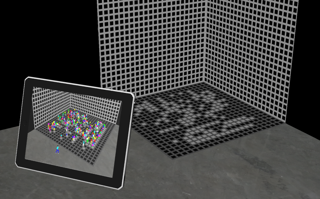 Image: Amay Kataria and Peter Burr, Kid Games, 2021, AR. A tablet demonstrates how colorful CGI human figures as AR populate customized planar grids. Image courtesy of the artists.