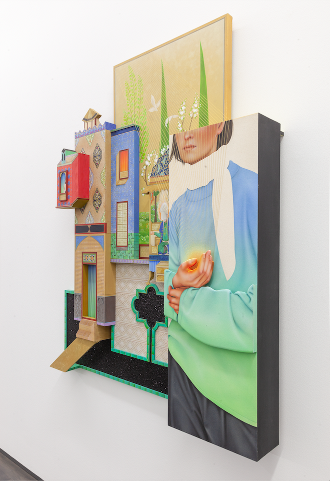 Image: Arghavan Khosravi, The Witness, 2022, acrylic on canvas mounted on shaped wood panels 51 x 61 1/4 x 7.7 in. Courtesy of Kavi Gupta Gallery.