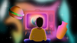 Featured Image: A digital illustration of a child, roughly 10 years old, with a yellowed-striped shirt and blue pants sitting in front of a 1950s style TV set. In the background of the image, a chicken sandwich and a vase float in mid-century space and commercial break aesthetics. Illustration by Diana C Pietrzyk.