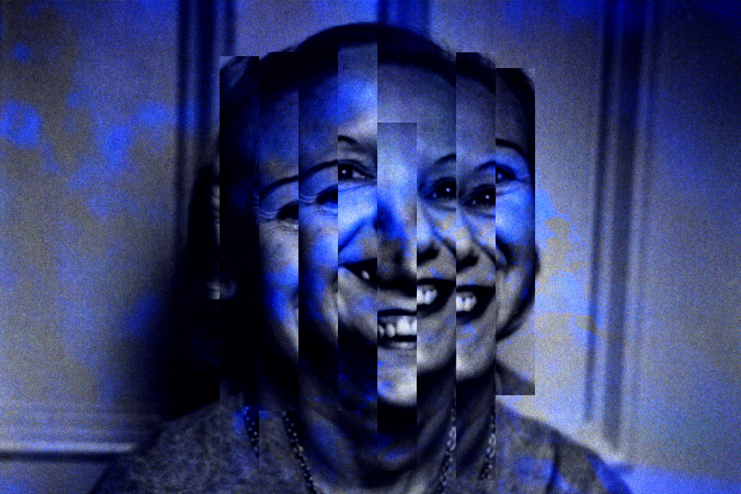 Image: A photo of Anna Kavan smiling in greyscale and blues, rectangular fractions of her face disjointed. Image by Ryan Edmund Thiel.
