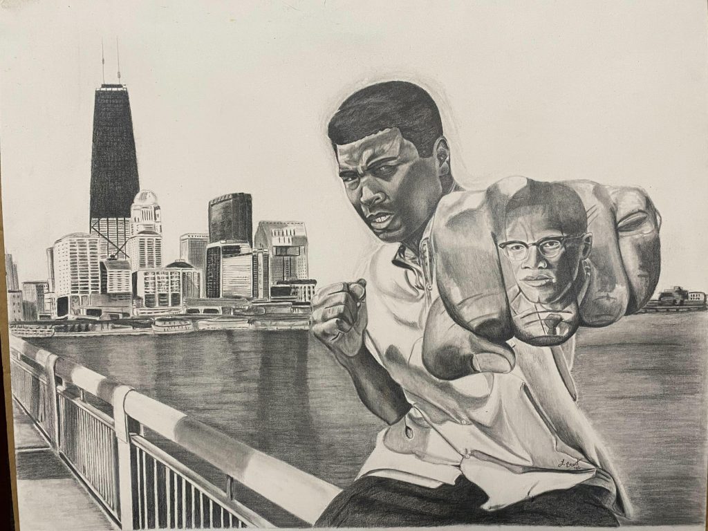 Image: A drawing by Larry Brent Jr. On white paper, a black man is punching towards the audience with a picture of Malcolm X on his fingers. In the background is a portion of the Chicago skyline and lake Michigan. Photo by Larry Brent Jr.