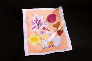 Image: An unfolded poster with an illustration of brightly colored flowers. In the middle of the poster rests a stack of postcards with images on them.