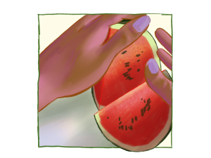 Featured image: A digital illustration of two hands holding watermelon slices. Illustration by Kiki Dupont-Lechuga.