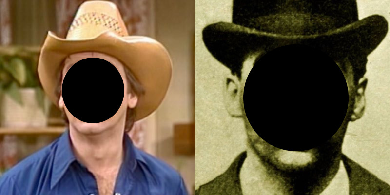 Image: Kristi McGuire, Tripper Ripper, digital collage, 2022. The diptych shows an image of Jack Tripper (left) and Jack the Ripper (right); both figures are wearing large hats, and a thick black circle obscures their face. Seventy-eight percent of courses at SAIC are taught by non-tenure-track faculty, and 45 percent of the faculty at SAIC are unranked lecturers who continue to teach with no access to institutional benefits (including health insurance) or pathways to promotion, as they have through the entirety of the pandemic. Serial killing: a lecturer teaching 6 courses a year, with no health insurance, earns ~$32,000/year.