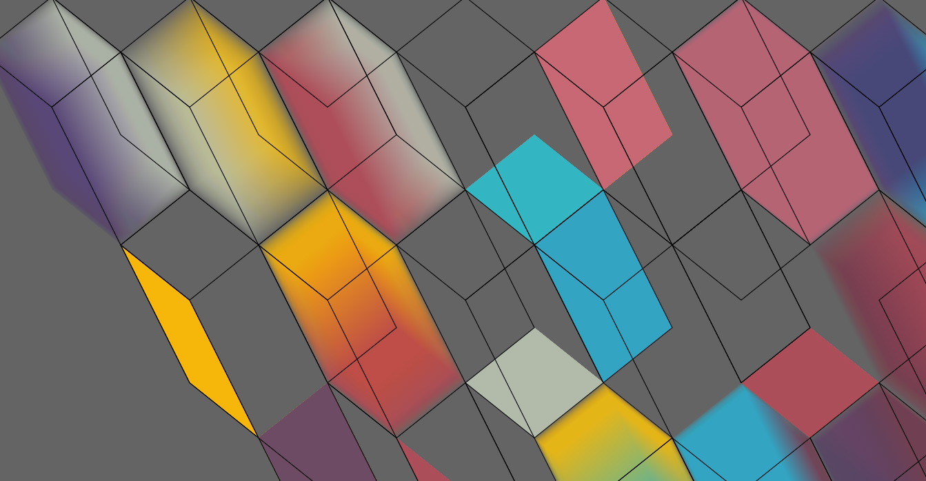 Image: A digital drawing of rectangular cubes, some filled in with bright reds, yellows, teals, and purples. They are dropping from the top of the frame and positioned against a solid grey background. Courtesy of Morgan Green.