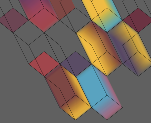 Image: A digital drawing of rectangular cubes, some filled in with bright reds, yellows, teals, and purples. They are dropping from the top of the frame and positioned against a solid grey background. Courtesy of Morgan Green.