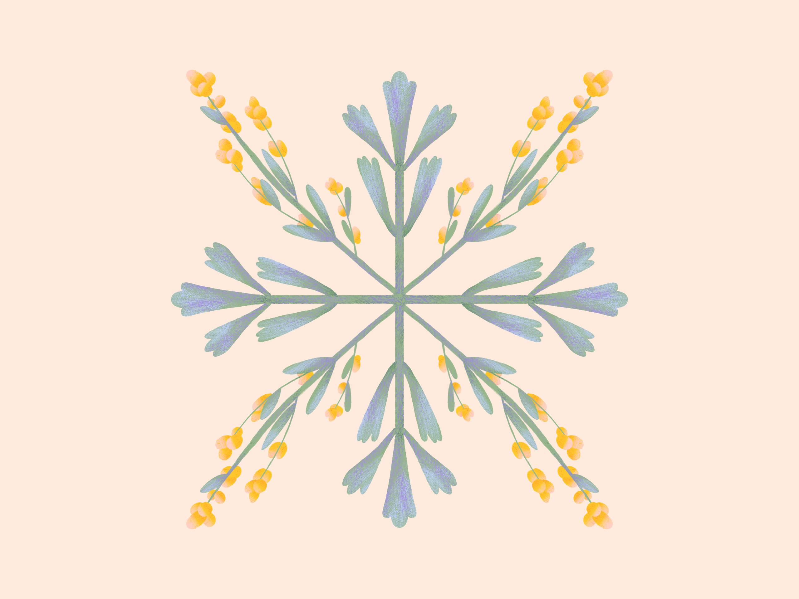 Image: A crystalline structure like a snowflake or a compass, with orange flowers coming out from the hybrid directions and green leaves coming out from the cardinal directions. Illustration by Kiki Lechuga-Dupont.