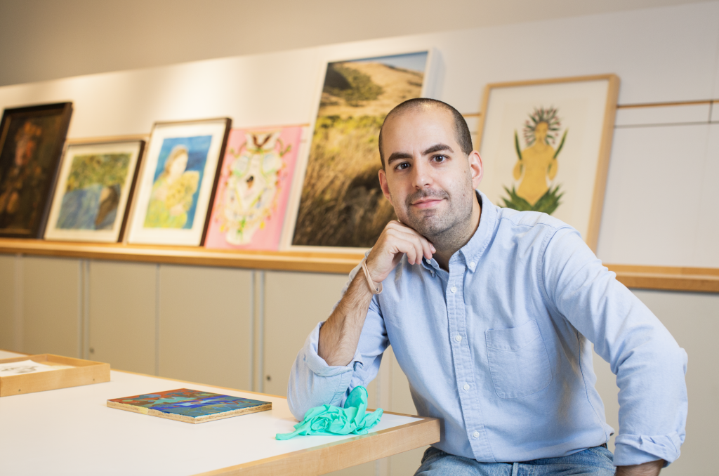 Left Image: David Maruzella in the archives of DePaul Art Museum's Latinx collection. Various works of art can be seen displayed in the background. Photo by Kristie Kahns.