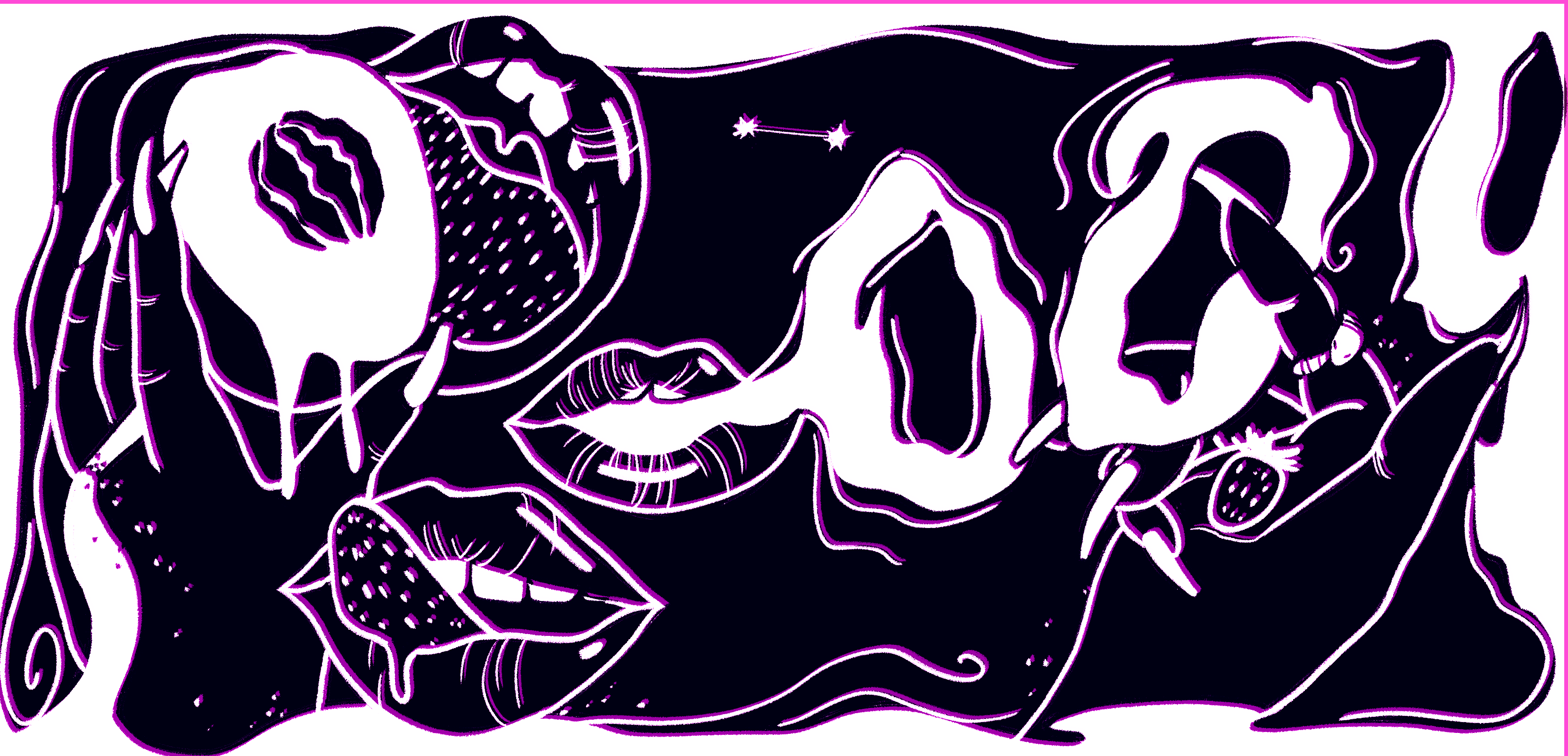 Image: A black-and-white illustration with purple highlights on the outline. Three pairs of lips, one licking its lips, one blowing smoke rings; the last biting into a peach held by a hand, with a cigarette between its fingers. The smoke rings expand to the right through another hand's splayed fingers, a strawberry in its palm. Illustration by Peregrine Bermas.