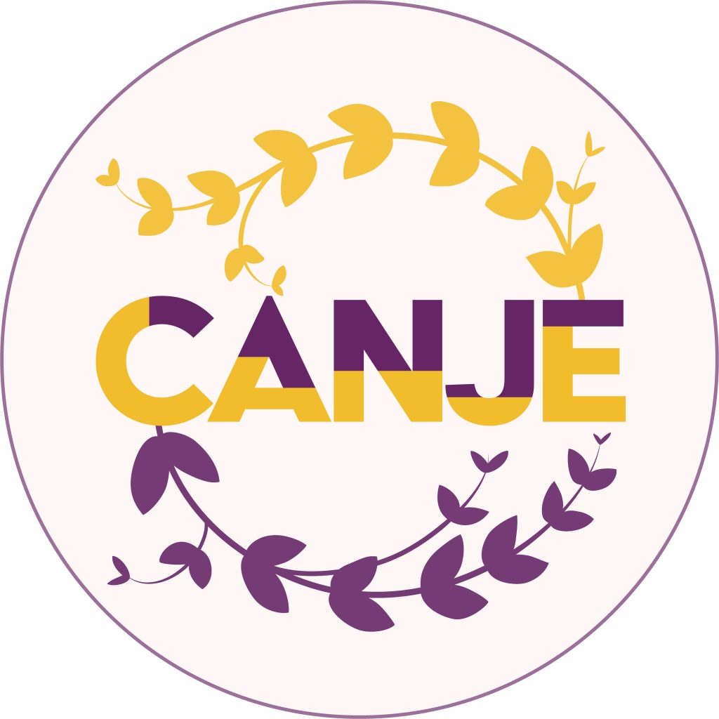 Image: A yellow and purple, round logo reading "CANJE" created by Kiki Lechuga-Dupont.