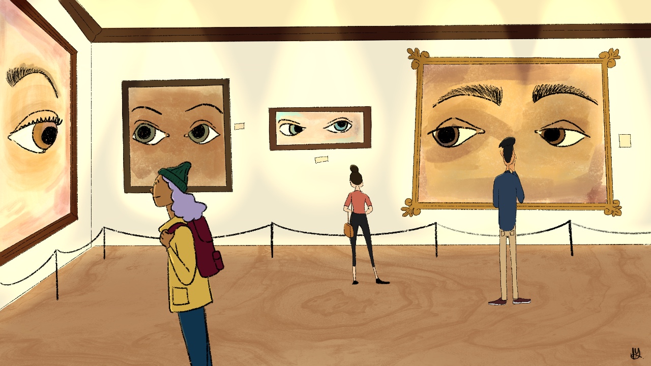 Image: A digital illustration of three museum goers, presumably of differing ages and life backgrounds, staring intently at different paintings of which stare back at them. Illustration by Tianna Garland.