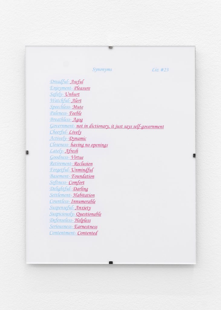 A rectangular inkjet print features a a two-columned list of 25 pairs of synonyms in light blue and cherry-red.