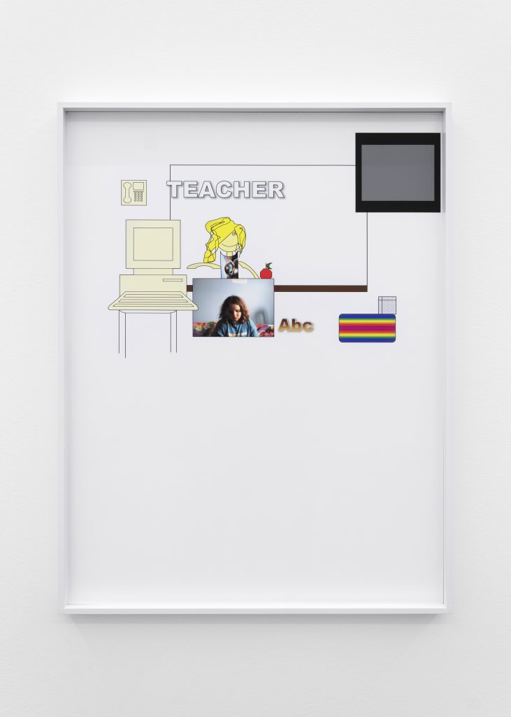 A rectangular inkjet print features a Word picture of an elementary school classroom led by a stick-figure teacher with a messy yellow ponytail and a self-portrait of a downcast child Liz as the teacher's podium.