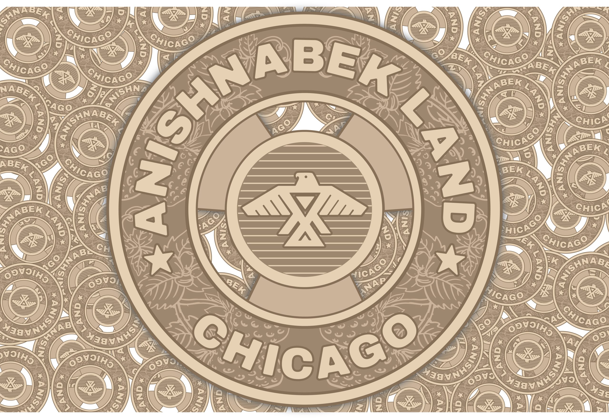 Image: A beige and tan graphic in the shape of a city seal. The seal reads: "ANISHNABEK LAND CHICAGO" and has a stylized bird in the center. Graphic created by David Bernie.