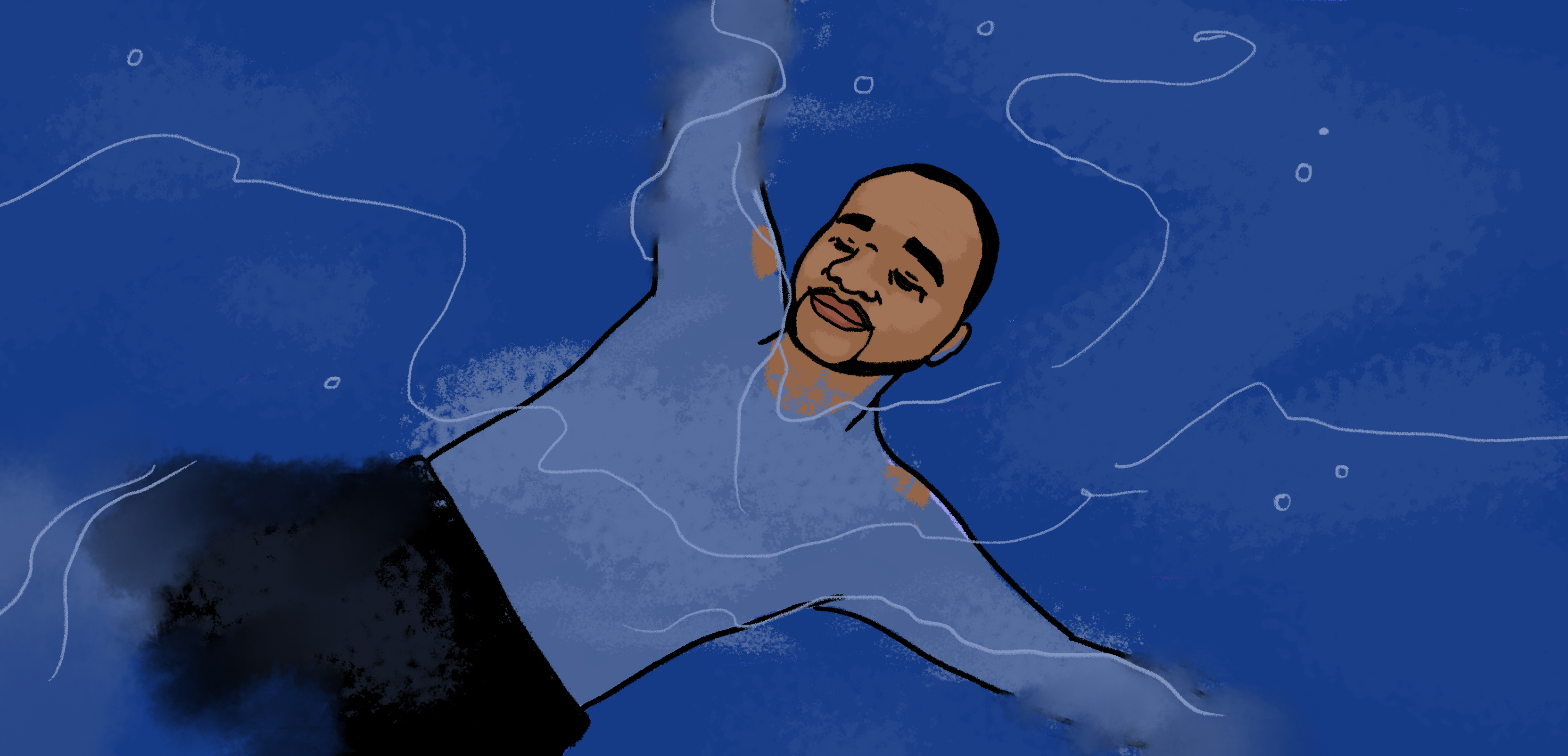 Image: An illustration portraying Brandon Wyatt swimming in Lake Michigan. He is floating calmly on his back with his arms stretched out; his head is above the water and he leans back with his eyes closed. Illustration by Peregrine Bermas.