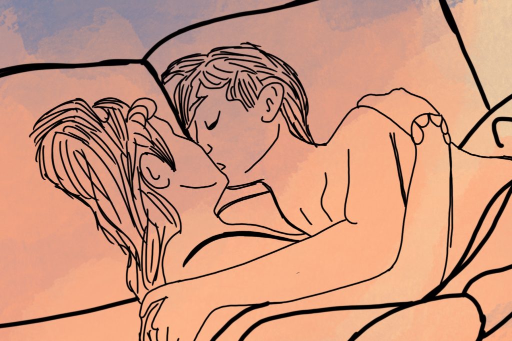 Featured Image: An outline of two lovers kissing and embracing in bed. The background is in a purple to orange gradient. Illustration by Sammi Crowley.