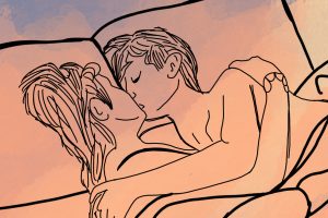 Featured Image: An outline of two lovers kissing and embracing in bed. The background is in a purple to orange gradient. Illustration by Sammi Crowley.