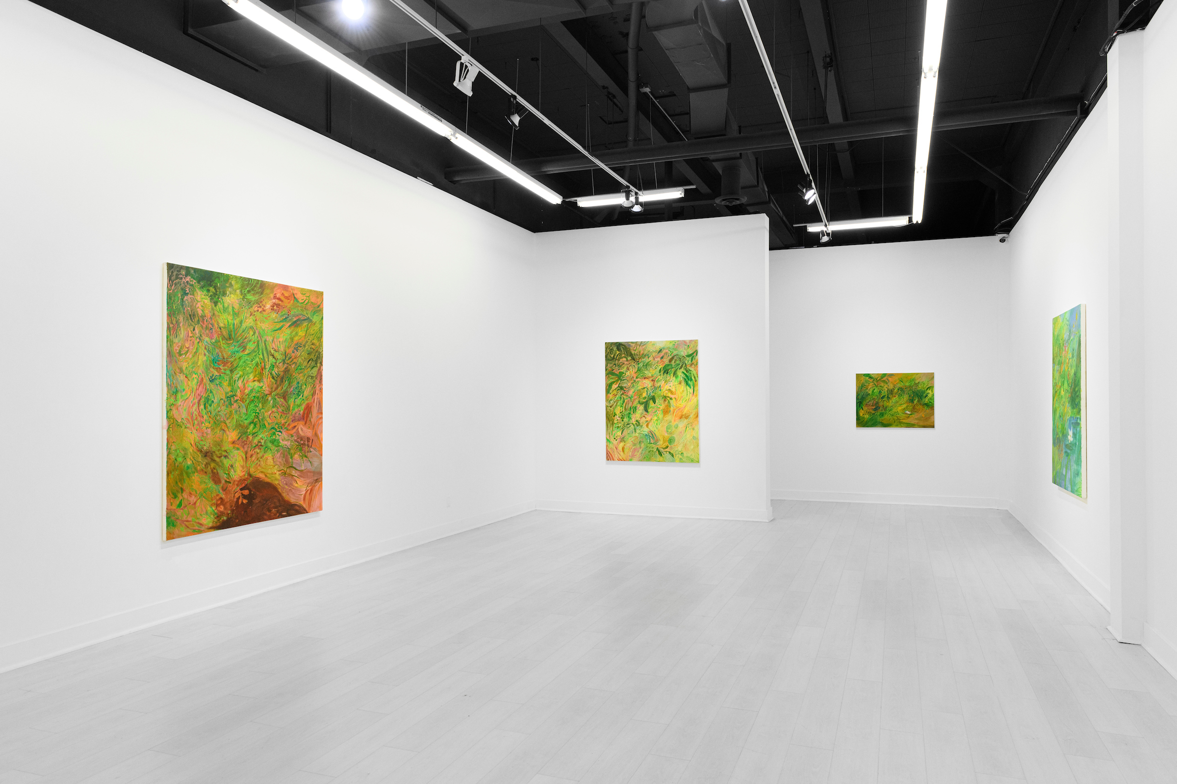 Image: Installation View, Searching for Stars, 2022, pt.2 Gallery, Oakland, CA. White-walled gallery space with three of Netrabile's abstracted nature scenes on the wall. Courtesy of Soumya Netrabile and pt.2 Gallery.