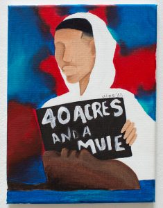 Image: In this painting by Saidayah Kirk, there are two eyeless people, one wearing a white hoodie and holding a sign saying "40 Acres and a Mule" and the other floating in water in the foreground. In the background is an abstracted backdrop of reg and blue spills of color. Photo by Kristie Kahns.