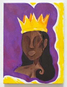Image: A painted portrait by Saidayah Kirk of an eyeless person, hair falling down and curling at the shoulder. They wear a large, bright yellow crown and sit against a bright purple and yellow background. Photo by Kristie Kahns.