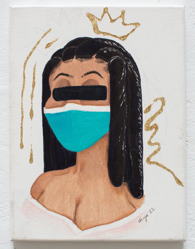 Image: This painting by Saidayah Kirk shows a portrat of a person from the chest up, turned towards the viewer, but the eyes are covered with a black bar. There are gold lines surrounding them and a gold crown floating above their head. Photo by Kristie Kahns.