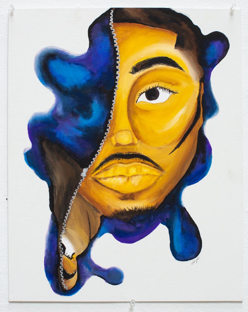 Left image: In this painting by Saidayah Kirk, there is a partial view of a face with a zipper going along the left half, leading to a blue and violet cloud of color. The portrait takes up the entirety of a rectangular canvas. 